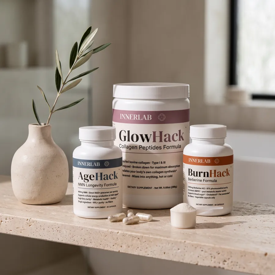 AgeHack, GlowHack and BurnHack on a travertine shelf
