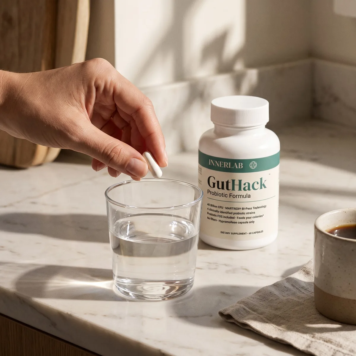 Morning capsule with a glass of water