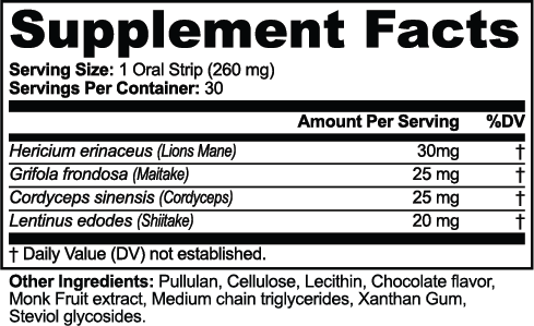 FocusHack Supplement Facts: Serving size 1 oral strip (260 mg); Servings per tin 30; Lion's mane (Hericium erinaceus) 30 mg; Maitake (Grifola frondosa) 25 mg; Cordyceps (Cordyceps sinensis) 25 mg; Shiitake (Lentinus edodes) 20 mg